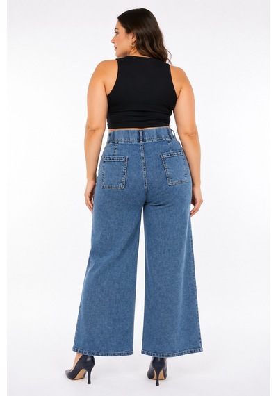 Zanessi Fashıon Büyük Beden Denim Yüksek Bel Bol Paça Kadın Pantolon Mavi