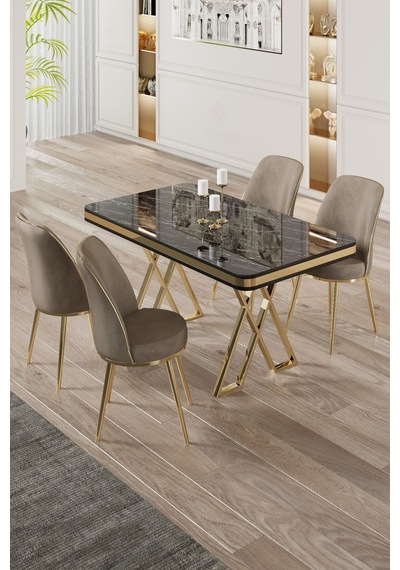 Canisa Vals Serisi 80x130 Lak Panel Siyah Mermer Desen Masa Takımı Gold Ayaklı 4 Cappucino Sandalye Masa Siyah Mermer Desen Sandalye Cappucino Canisa Vals Serisi 80x130 Lak Panel Siyah Mermer Desen Masa Takımı Gold Ayaklı 4 Cappucino Sandalye Masa Siyah Mermer Desen Sandalye Cappucino
