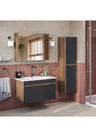 Lavabolu Mdf 80 Cm Banyo Alt Dolabı + Aynalı Üst Dolabı + Banyo Boy Dolabı , Banyo Dolabı Seti. Atlantik Çam - Antrasit Lavabolu Mdf 80 Cm Banyo Alt Dolabı + Aynalı Üst Dolabı + Banyo Boy Dolabı , Banyo Dolabı Seti. Atlantik Çam - Antrasit