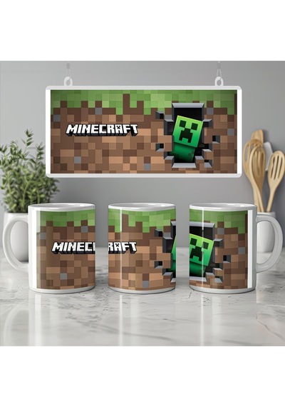 Minecraft Creeper Duvar Desenli Kupa Bardak - Üç Boyutlu Görünümlü Kabartmasız Tasarım Beyaz