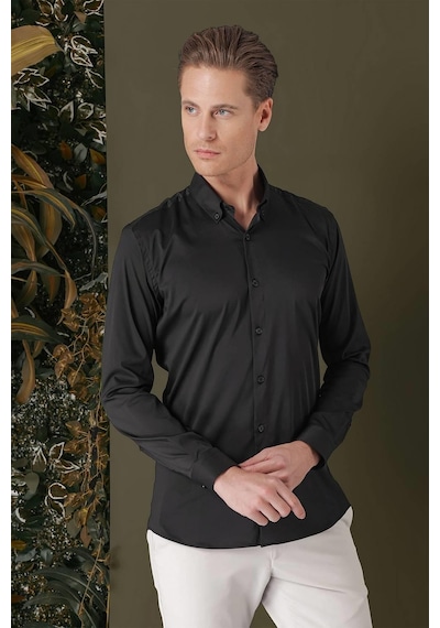 Efor Slim Fit Düğmeli Yaka Esnek Pamuk Klasik Siyah Gömlek Gk 708 Siyah