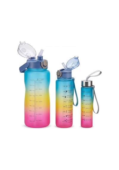 3'lü Motivasyonel Matara Seti, İç İçe Geçebilir Tasarım, 2000ml, 900ml Ve 300ml, Gradyan Renk Seçenekleri, Sticker Ve Pipet Hediyeli Gece Yarısı 0