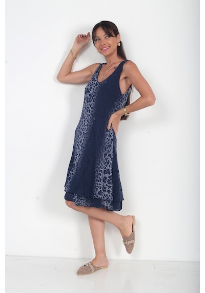 By Saygı Kadın İtalyan Cotton Leopar Desenli Astarlı Sıfır Kol Midi Elbise Lacivert