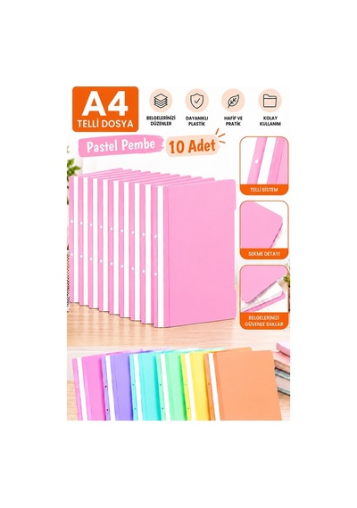 Telli Dosya Pastel Pembe A4 10 Adet Ekonomik Kaliteli Plastik Telli Dosya Evrak Sunum Dosyası Renkli Ofis Büro Okul