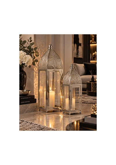 Sleep Nova Gümüş Metal Camlı Dekoratif Fener 2 Li Set