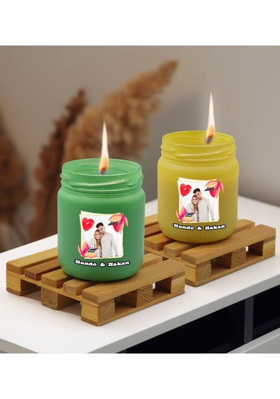 Bk Gift Kişiye Özel Dtf İsimli Fotoğraflı 2 Li Yeşil Ve Sarı Renkli Cam Kavanozda Kokulu Mum-1, Arkadaşa Hediye, Sevgiliye Hediye