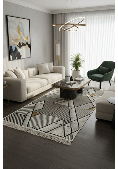 Modern Geometrik Desenli Çift Taraflı İnce Hafif Makinede Yıkanabilir Kilim Renkli