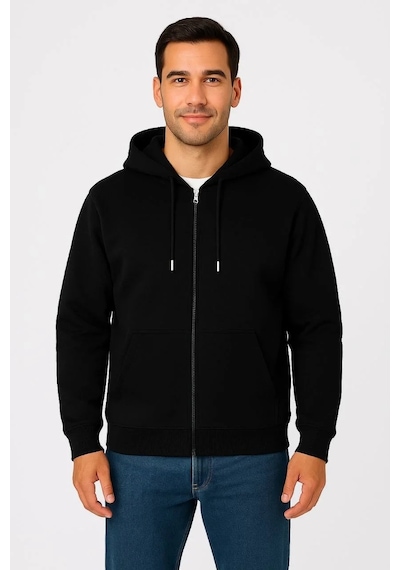 Erkek Üç İplik Kapüşonlu Tam Fermuarlı Kanguru Çepli Sweatshirt Hoodie - Siyah Siyah