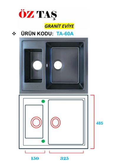 Öztaş TA-60a Granit Mutfak Eviye Antrasit Tek Gözlü 485 x 595 MM