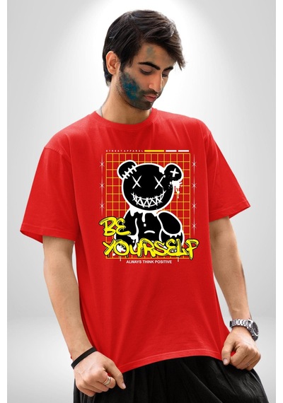 Kendin Ol Pamuklu Bisiklet Yaka Unisex Oversize Boyfriend Dijital Baskılı Kırmızı T-shirt Kırmızı
