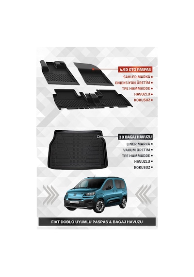 Sahler Fiat Doblo 2023+ Uyumlu 4.5d Premium Havuzlu Oto Paspas Ve Liner Marka 3d Bagaj Havuzu