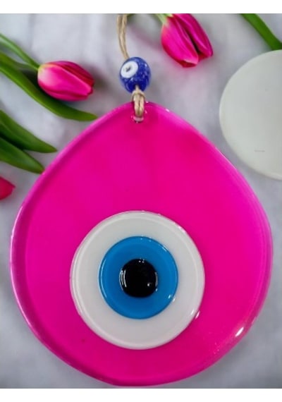 Orta Boy Şeffaf Pembe Damla Desen Nazar Boncuklu Duvar Dekoru Cam