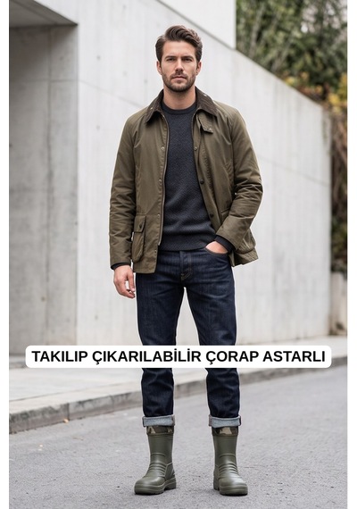 Rainguard Takılıp Çıkarılabilir Çorap Astarlı Kamuflaj Detaylı Kısa Yağmur Çizmesi Yeşil