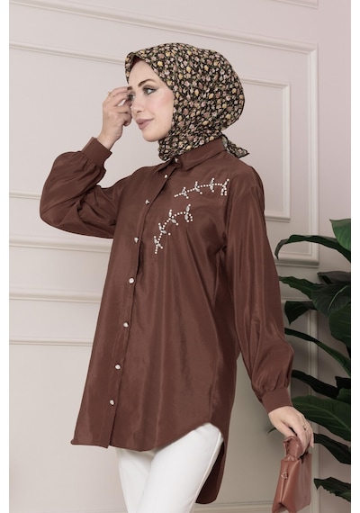 Sevitli Önü İnci Taş İşlemeli Tunik-kahverengi-4792 Kahverengi