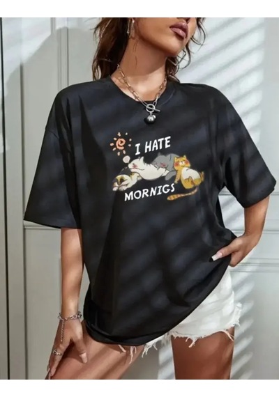 Bisiklet Yaka Baskılı Oversize T-shirt - Siyah Siyah