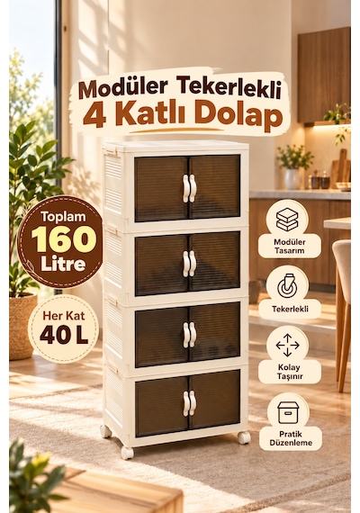Porsima Modüler Tekerlekli 4 Katlı İstiflenebilir Dolap Beyaz 160 Lt Çok Amaçlı Depolama Dolabı