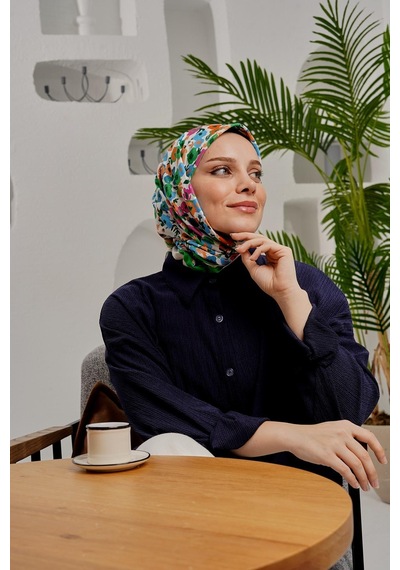 Afvente Çiçek Desen Soft Pamuk Eşarp Yeşil