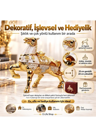 Lüks Alaşım Metal At Figürlü Kapaklı Dekoratif Küllük Ve Takı Saklama Kutusu Metal Biblo 25 X 20 Cm
