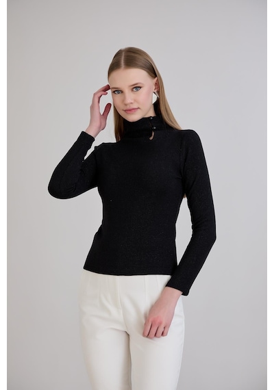 Sortie Collection Balıkçı Yaka Simli Triko Bluz Siyah