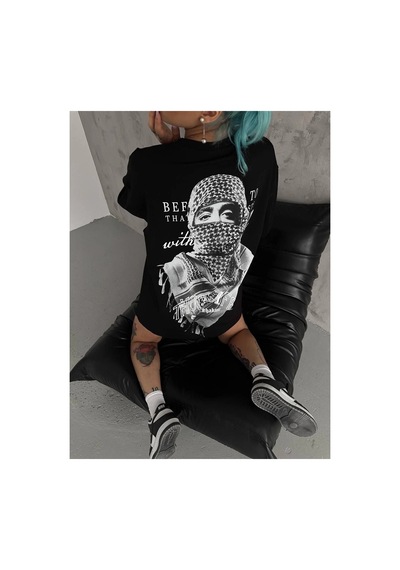Kadın Kısa Kol Tişört Bisiklet Yaka Filistin Poşülü Baskılı T-shirt - Siyah