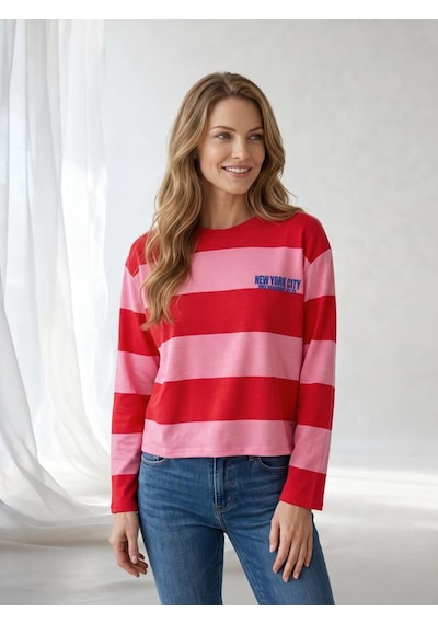 Nealirsanall.com Kadın Çizgili New York City Baskılı İnce Sweatshirt Pembe