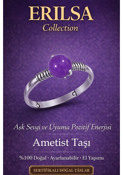 Sertifikalı Aşk Sevgi Ve Uyum  Yüzüğü Ametist Taşı Ayarla Çok Renkli
