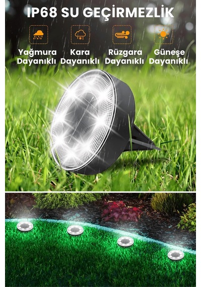Technojet 8 Led Li Solar Bahçe Lambası 1 Adet Su Geçirmez Otomatik Sensörlü Bahçe Aydınlatma Beyaz