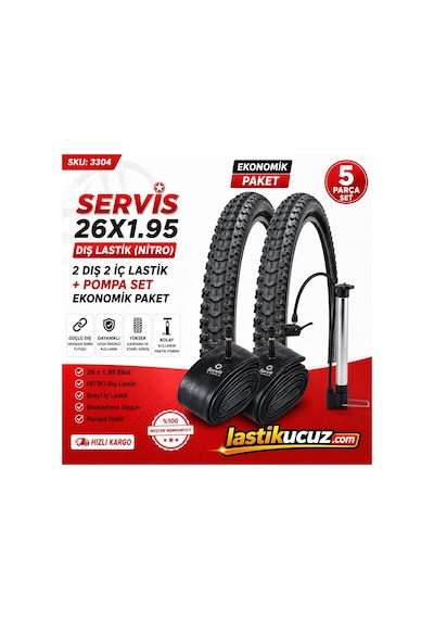 Servis 26x1.95 Dış Lastik Nitro Bisiklet Lastiği + İç Lastik 2 Şer Adet Takım + 1 Adet Pompa