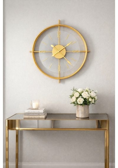 MetaQuartz Aksesuar (Büyük Boy-55*55cm) Gold Çiftçember Seri -modern Dekoratif Camlı Metal Saat Altın