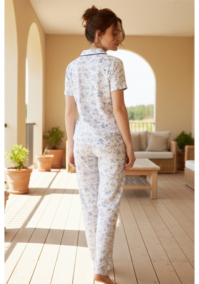 Siyah İnci Düğmeli Biyeli Viskon Örme Pijama Takım 26120763 Beyaz