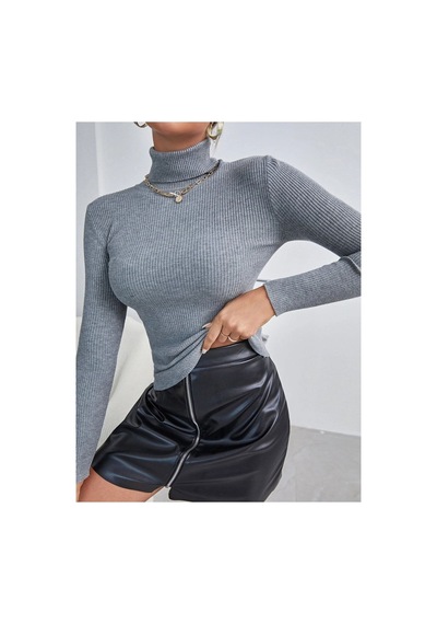 Hanclo Kadın Fitilli Balıkçı Yaka Slim Fit Triko Kazak Füme