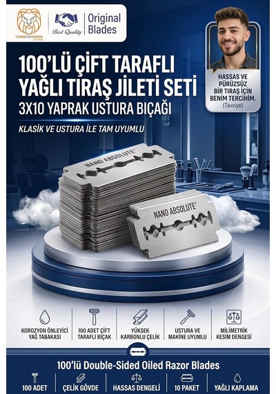 100 Lü Çift Taraflı Yağlı Yaprak Tıraş Jileti Seti 10x10 Yaprak Ustura Bıçağı 723591