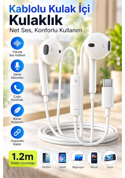 Usb-c Type-c Kablolu Kulak İçi Kulaklık Mikrofonlu, Çağrı Kontrollü, Yüksek Ses Kalitesi, 1.2 Metre Kablo Kablolu Kulakiçi