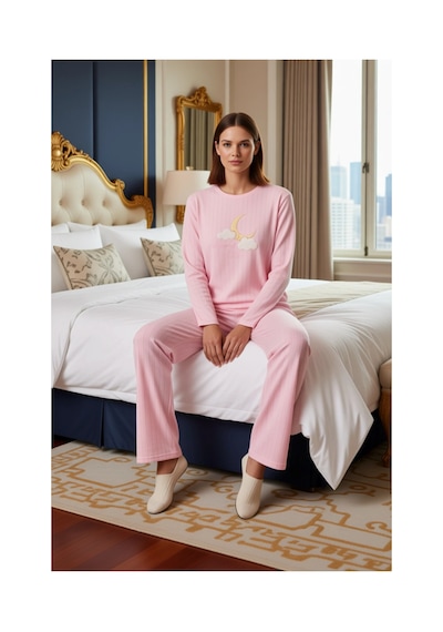Ersefa Kadın Sevimli Penguen Desenli Polar Pijama Fonksiyonel Dayanıklı Pembe