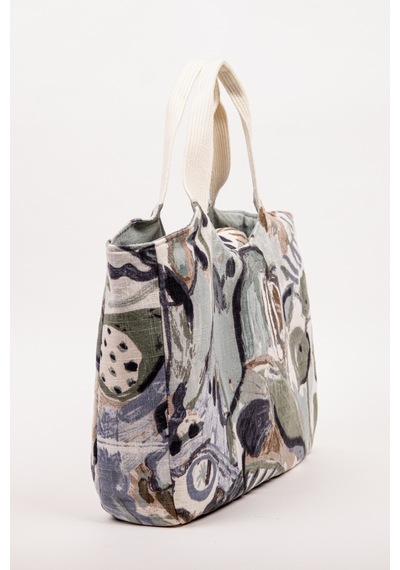 Fabric Craft Bag El Çanta Keten Desenli Yeşil Yeşil - Beyaz