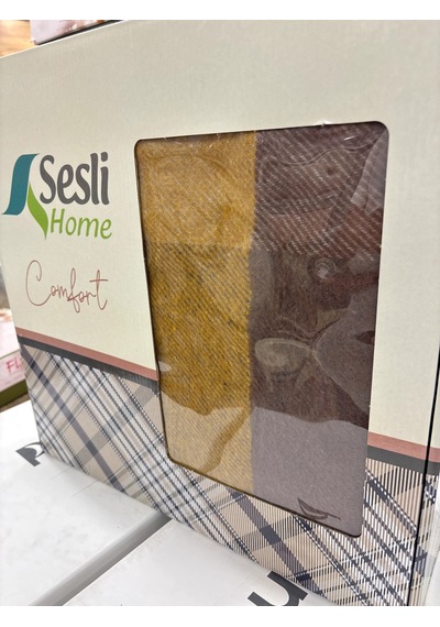 Sesli Comfort Kahve Sarı Mavi Kare Desen Skoç Pamuk Örme Battaniye 200x220 Çift Kişilik Battal Diğer