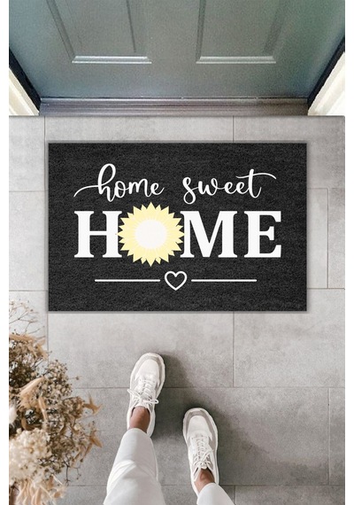 Rugmood Modern Dijital Baskı Paspas - Home Sweet Home Papatya - Kapı Önü Paspası 70x45cm Siyah