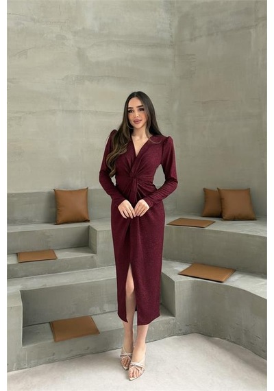 Neşeli Butik Kadın Bordo Anvelop Büzgülü Simli Premium Midi Elbise Nbelb08 Bordo