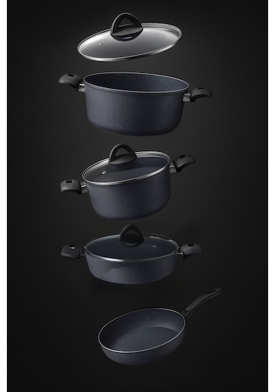 7 Parça Almeria Gri Granit Dik Tencere Ve Tava Seti 20 Cm 2.5l, 24 Cm 4.5l, 26 Cm 3l, 26 Cm Tava Lacivert
