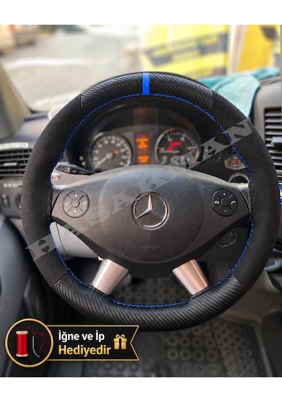 Mercedes Sprinter W906 Dikme Direksiyon Kılıfı Alcantara Süet Mat Karbon Mavi Yüzük Ve Dikiş 2006-2013 Siyah
