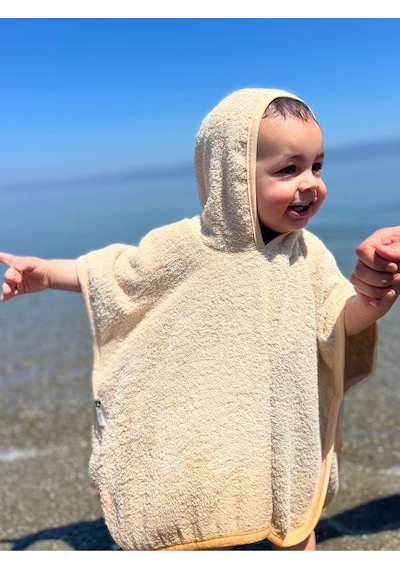 Organik %100 Pamuk Kapşonlu Plaj Çocuk Bebek Panço Bornoz Banyo Havlu Kapüşonlu 0 - 24 Ay