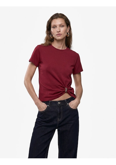 Koton Regular Fit Pamuklu Aksesuar Detaylı Kısa Kollu Bisiklet Yaka Tişört Bordo 6sak50418ek