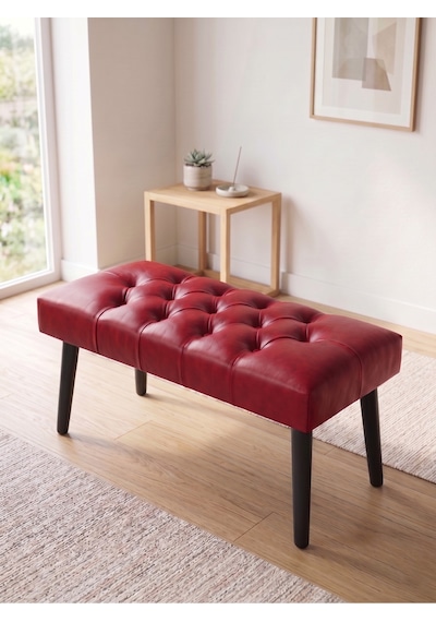 Modern Kapitoneli Kırmızı Deri Kumaş Bench Puf Oturma Bankı Ahşap Siyah Ayaklı Demonte 90x45
