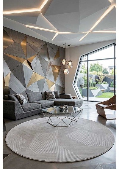 Geometrik Abstract Desenli Prato İpeksi Lüks Viskon Yuvarlak Halı Pr03 Gri Krem-gri