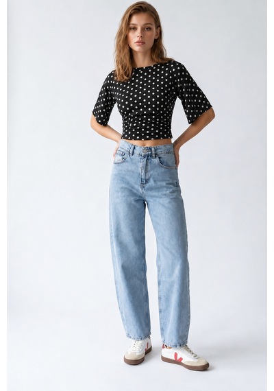 Mixray 2172 Kadın Yüksek Bel Geniş Paça Barrel Denim Pantolon Mavi