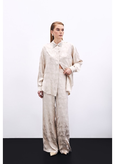 Sateen Jakarlı Salaş Pantolon - Bej