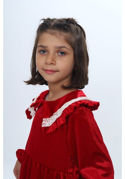 Toontoy Kids Toontoy Kız Çocuk Yaka Detaylı Fırfırlı Elbise Kırmızı