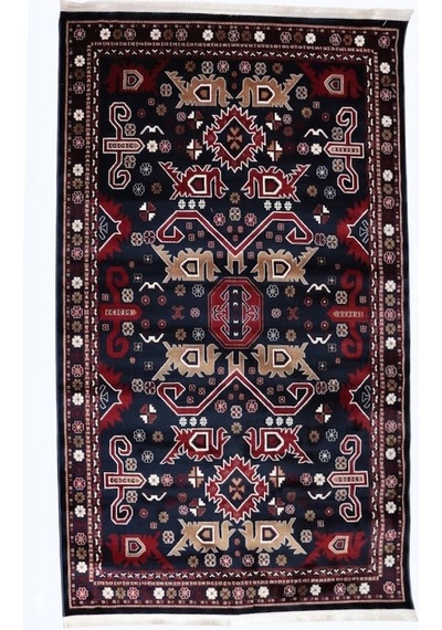 Nakış Serisi Lacivert Kırmızı Etnik Motifli Şık Salon Halısı Af314 Navy Çok Renkli