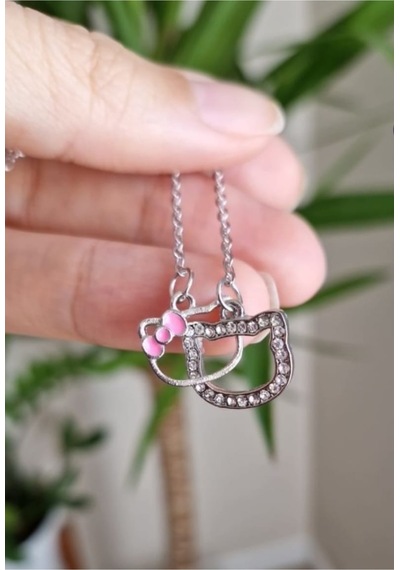 Lunarie Hello Kity Taşlı Sevimli Kedi Kolye Gümüş Renk Kararmaz Pembe