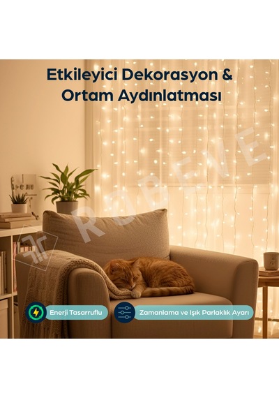 Robeve 3x3 Metre Peri Led Kumandalı Perde Asma Kancalı Peri Led Yılbaşı Led Gün Işığı Led Işık 8 Modlu Parti Işığı Dekoratif Işık Led Saçak Led Işık Perde Led Yılbaşı Dekorasyon
